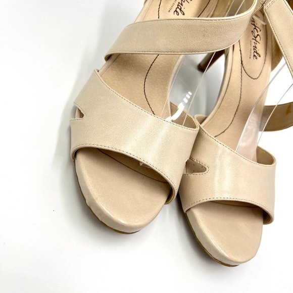 Lifestride Size 11 Mega Almond Cream Faux Vegan Leather Open Toe Heels Shoes - Picture 4 of 15